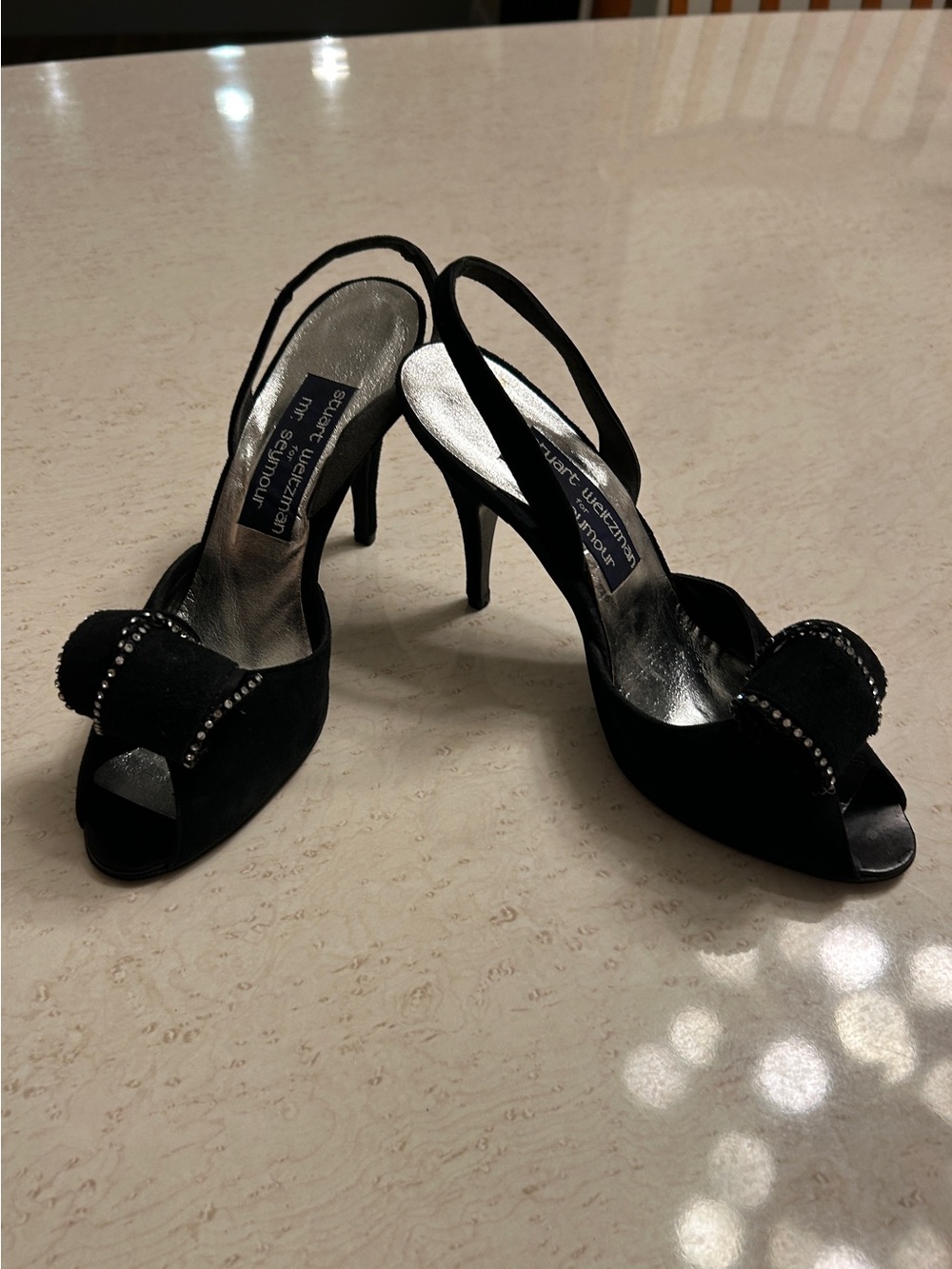 Stuart Weitzman for Mr. Seymour Black Peep-Toe Slingback Heels with Crystals